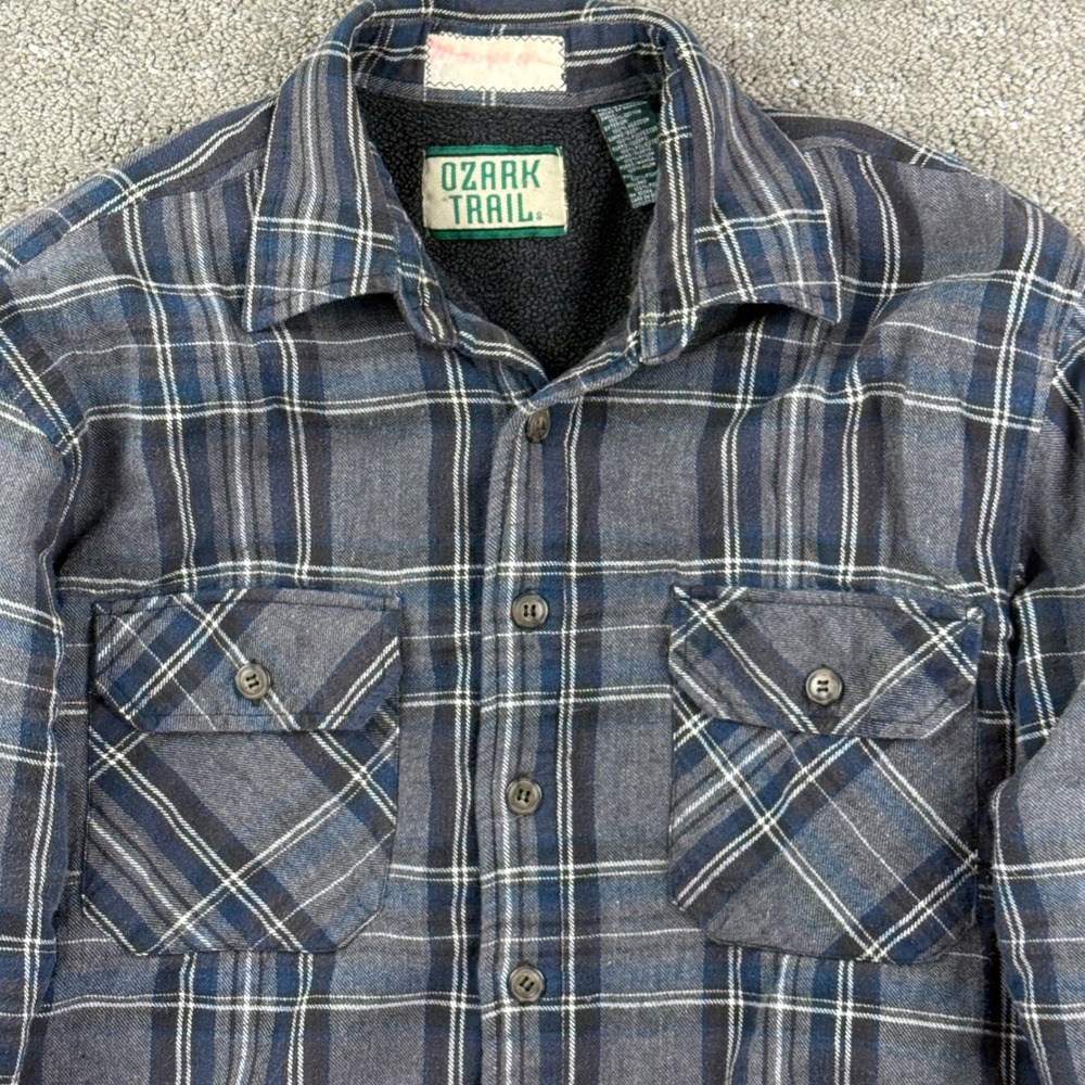 Vintage Ozark Trail Mens M Plaid Flannel Fleece Lined Shirt Jacket Blue Gray